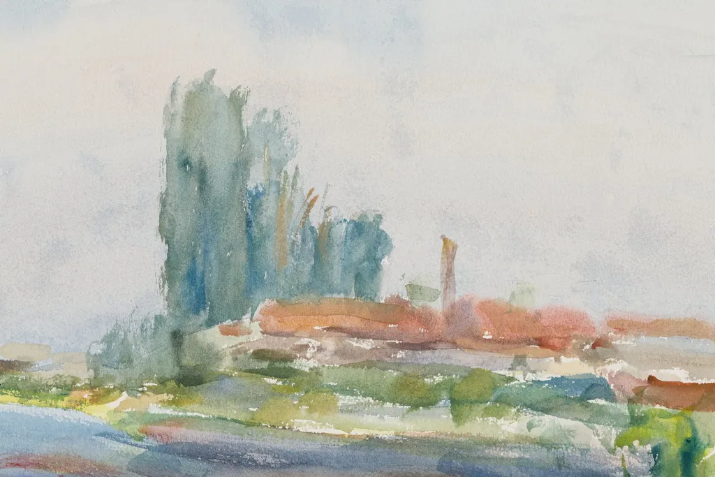 Peisaj cu lac și case, by Hrandt Avakian, 1982