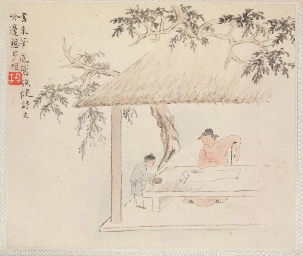 Album of Landscape Paintings Illustrating Old Poems: A Scholar at a Table with a Servant aside Preparing the Ink, by Hua Yan, unspecified, 1745