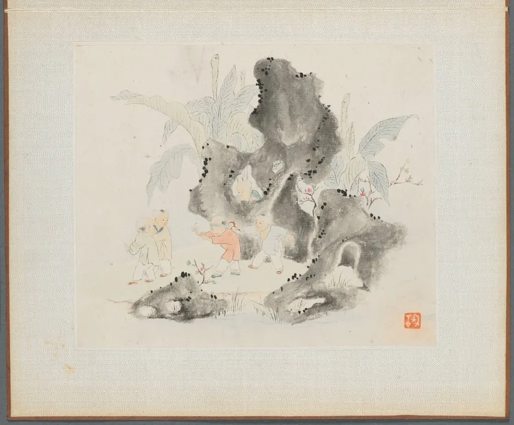 Album of Landscape Paintings Illustrating Old Poems: Children Playing Blindman's Buff in a Garden, by Hua Yan