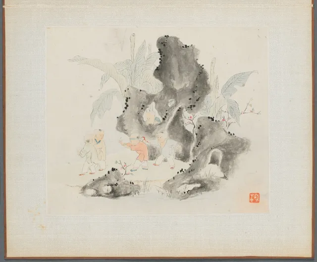 Album of Landscape Paintings Illustrating Old Poems: Children Playing Blindman's Buff in a Garden