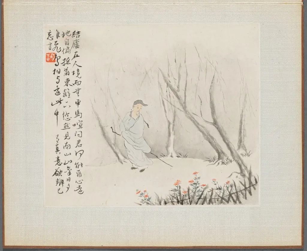 Album of Landscape Paintings Illustrating Old Poems:  Man with a Staff Admires Chrysanthemums at a Fence, by Hua Yan