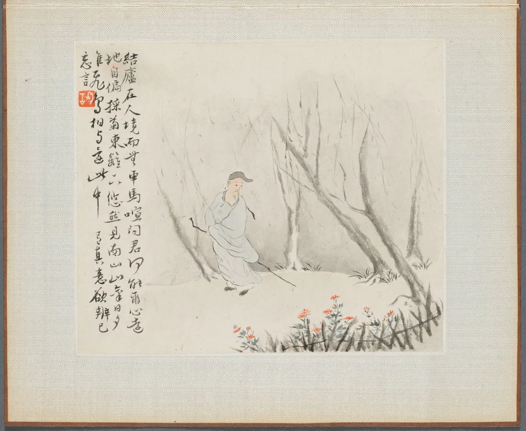 Album of Landscape Paintings Illustrating Old Poems: Man with a Staff Admires Chrysanthemums at a Fence, by Hua Yan, unspecified, 1745
