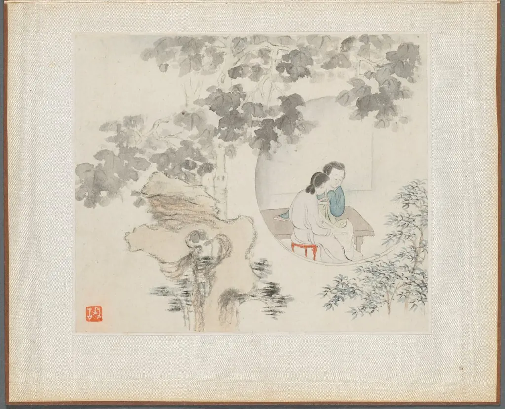 Album of Landscape Paintings Illustrating Old Poems: Two Women with Needlework in a Garden, by Hua Yan
