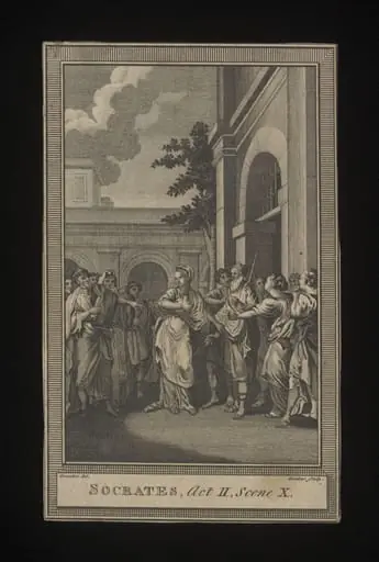 Print depicting Act II, Scene 10 of <i>Socrates,</i>, by Hubert-François Bourguignon Gravelot