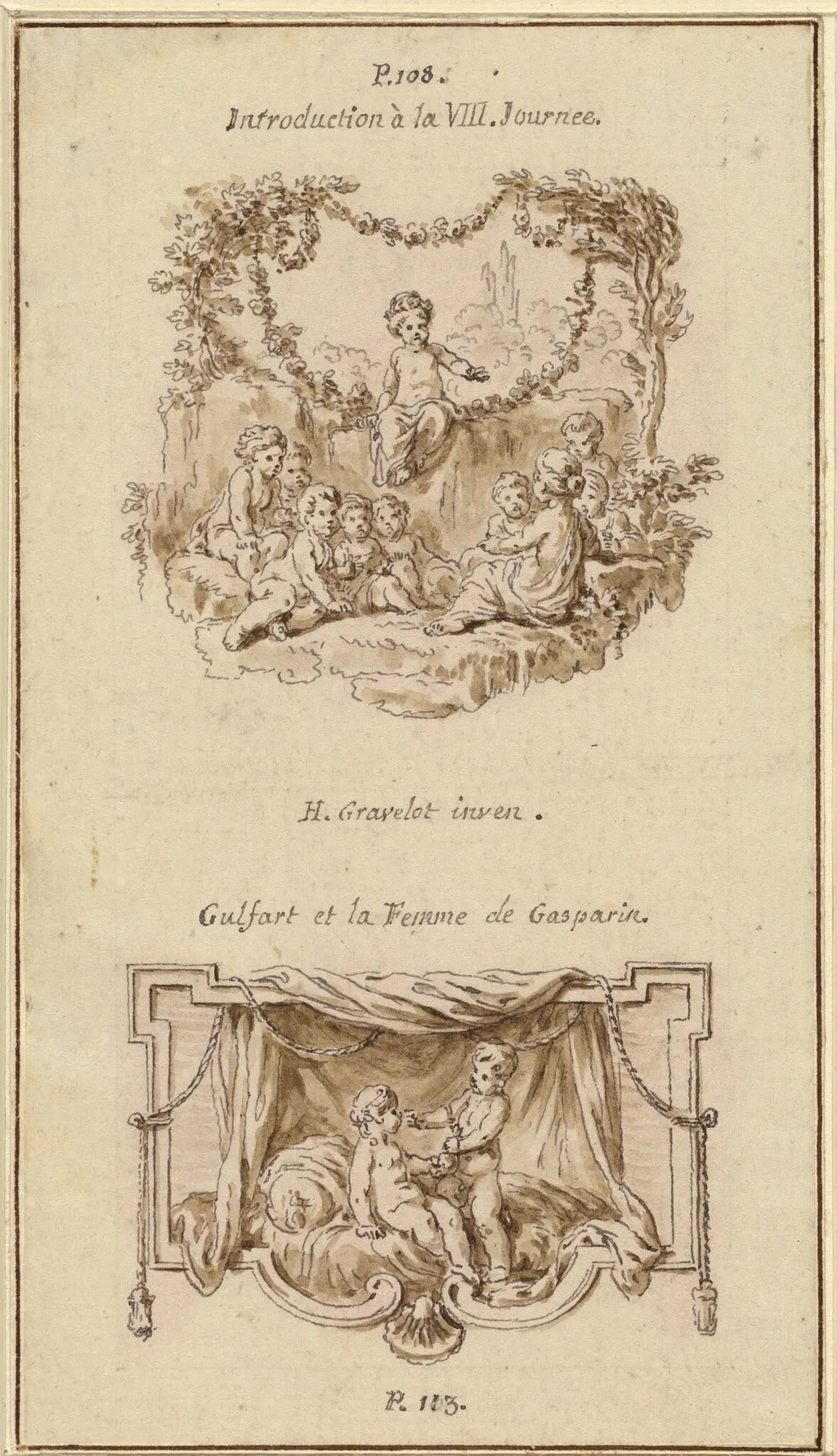 Nine Children Listening to a Girl Tell a Story; A Boy Handing a Purse to a Girl Seated on a Bed, by Hubert François Gravelot, ink, 1757