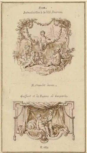 Nine Children Listening to a Girl Tell a Story; A Boy Handing a Purse to a Girl Seated on a Bed