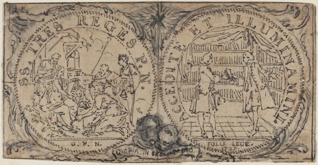 Ornamental Medallions with the Adoration of the Magi and Two Bibliophiles, by Hubert François Gravelot, graphite, 1737