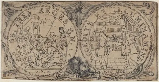 Ornamental Medallions with the Adoration of the Magi and Two Bibliophiles, by Hubert François Gravelot
