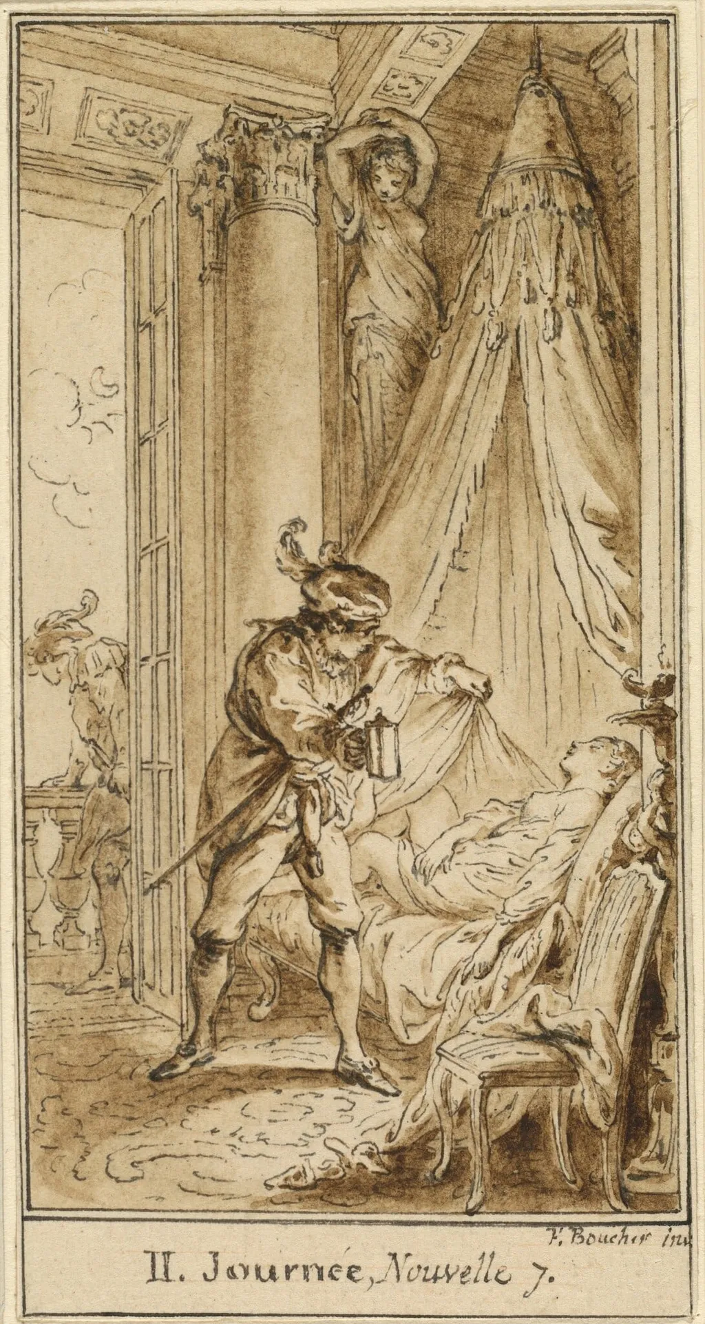 Second Day, Seventh Story: The Duke of Athens Contemplating the Sleeping Princess Alatiel, by Hubert François Gravelot, ink, 1757