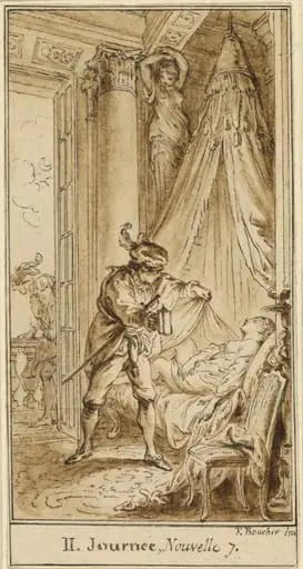 Second Day, Seventh Story: The Duke of Athens Contemplating the Sleeping Princess Alatiel, by Hubert François Gravelot