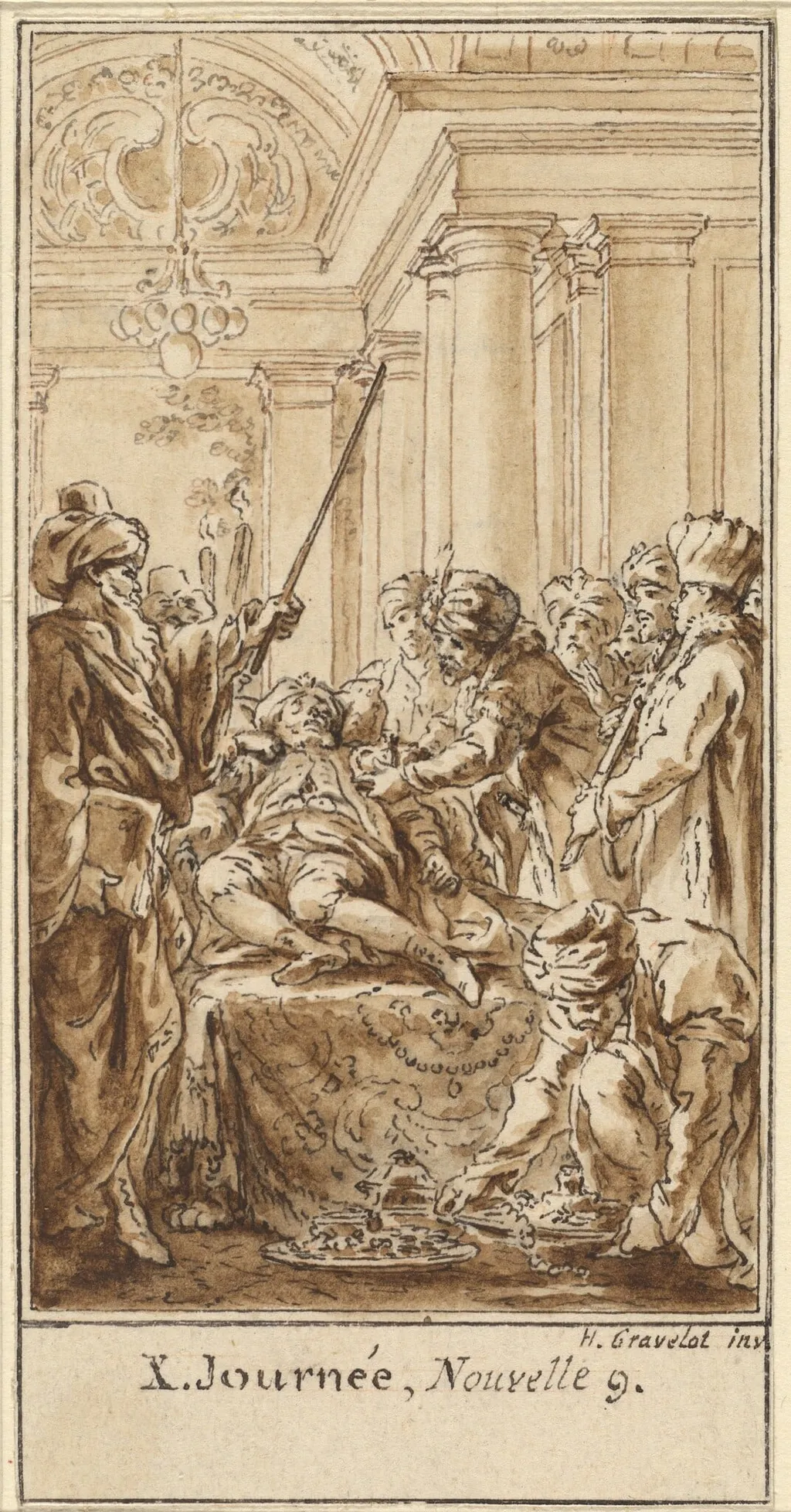 Tenth Day, Ninth Story: Saladin Bestows Rich Gifts on the Sleeping Torello, by Hubert François Gravelot, ink, 1757