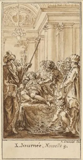 Tenth Day, Ninth Story: Saladin Bestows Rich Gifts on the Sleeping Torello, by Hubert François Gravelot