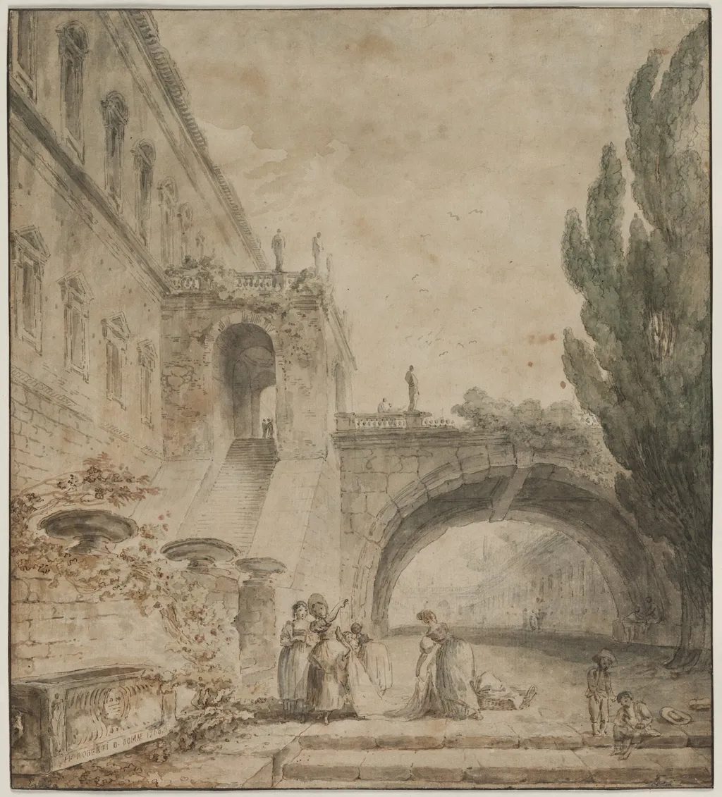 A Palace with an Arched Bridge (A Roman Villa), by Hubert Robert, 1760