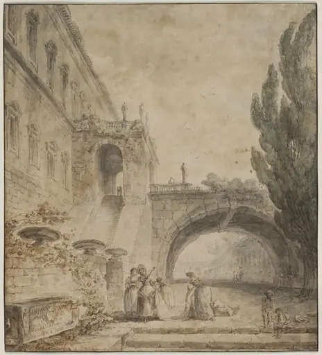 A Palace with an Arched Bridge (A Roman Villa), by Hubert Robert