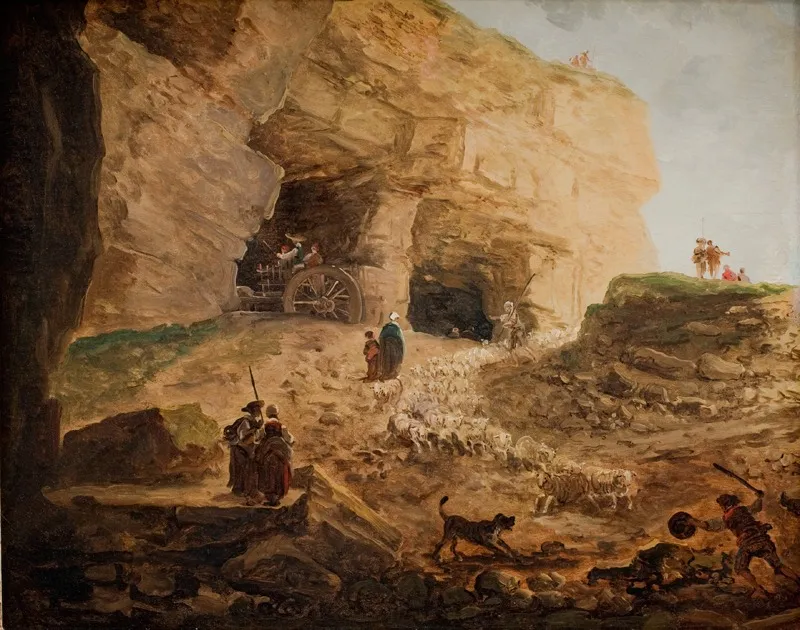 A Quarry with a Flock of Sheep, by Hubert Robert, oil, 1800