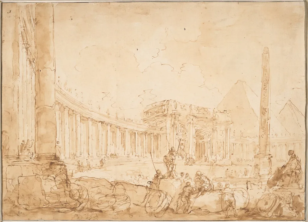 A Roman Capriccio, by Hubert Robert, ink, 1764