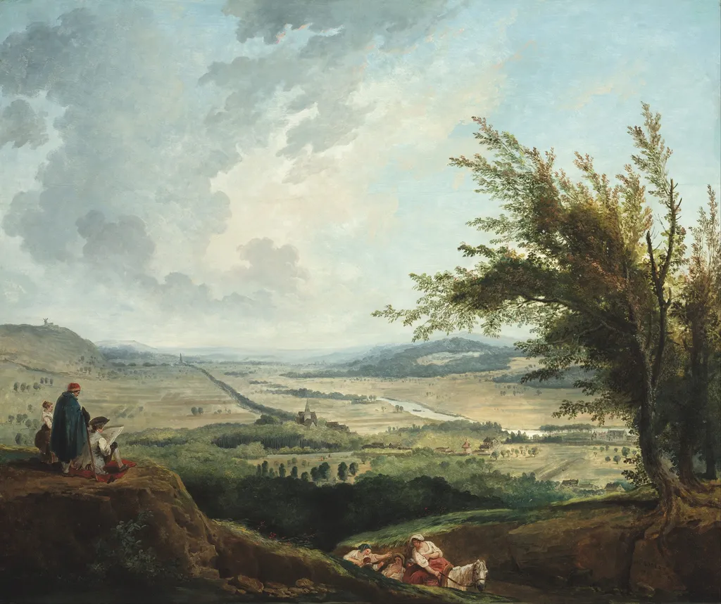 An Extensive Landscape Near Paris, by Hubert Robert, oil, 1791