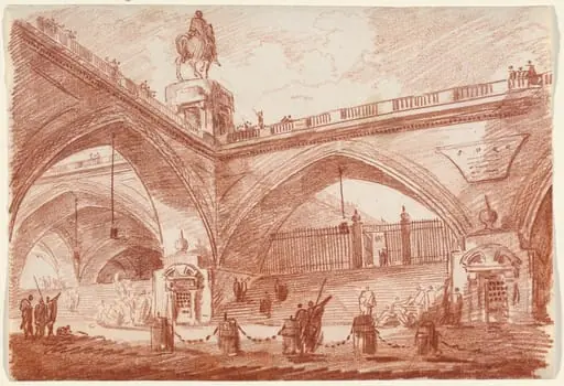 Architectural Fantasy with a Triumphal Bridge, by Hubert Robert