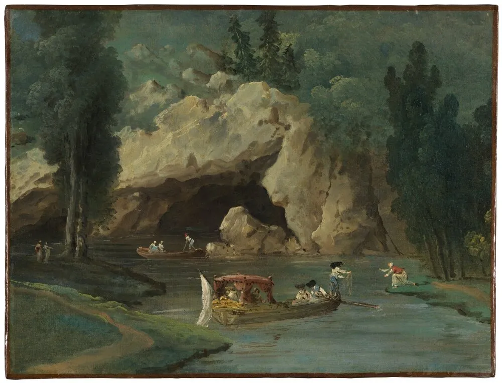 Boats in Front of the Grotto in the Park at Méréville, by Hubert Robert, oil, 1794