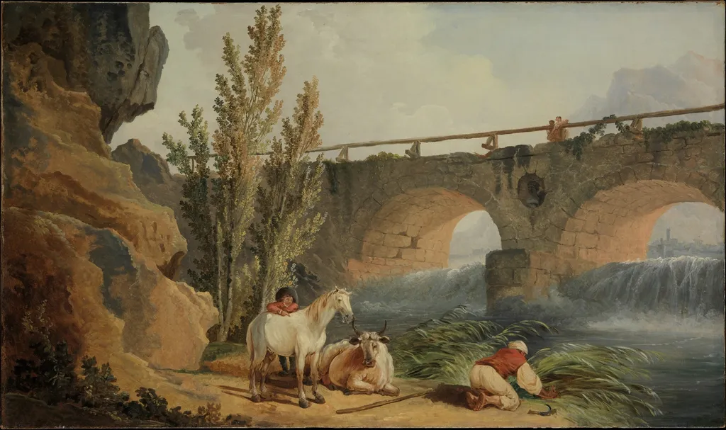 Bridge over a Cascade, by Hubert Robert, oil, 1750