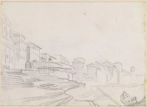 Buildings along a Riverside [verso], by Hubert Robert