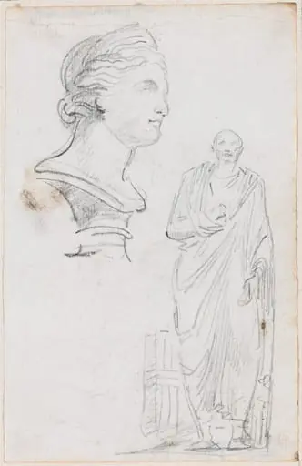 Bust of a Roman Woman and Statue of a Roman Man, by Hubert Robert