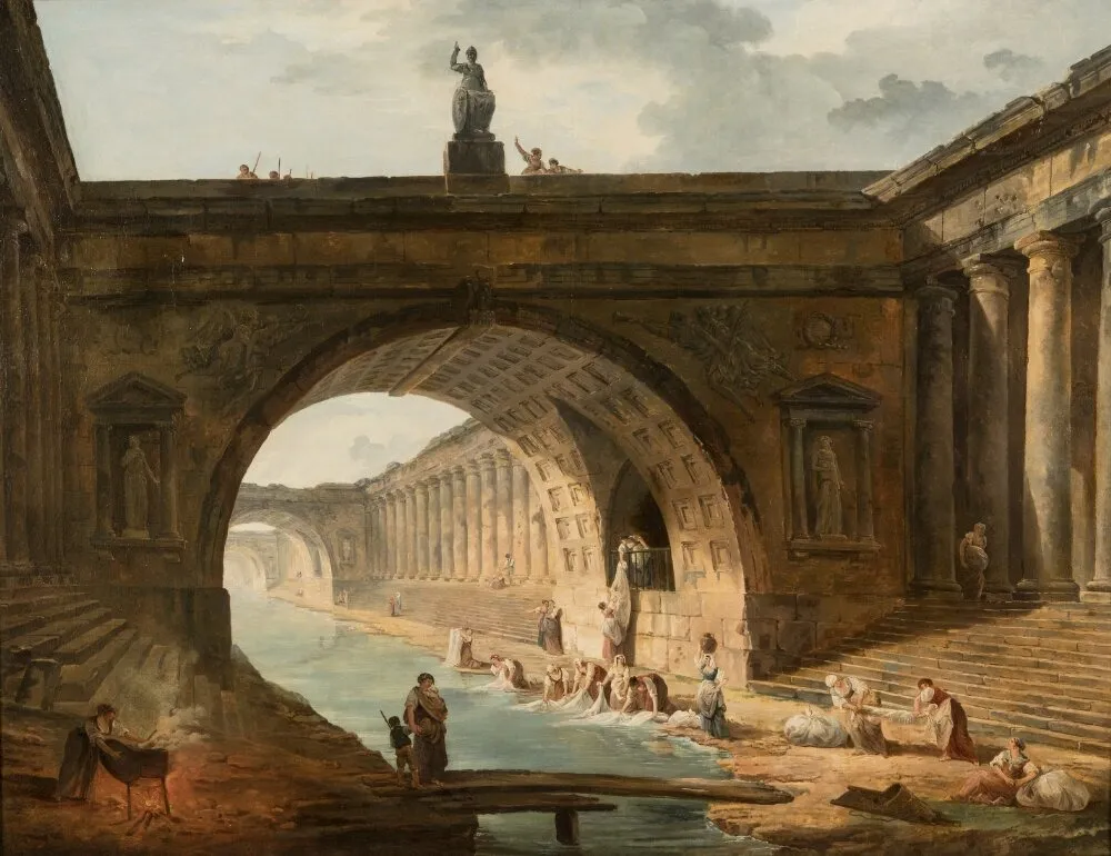 Capriccio with Washerwomen at a Canal, by Hubert Robert, oil, 1780