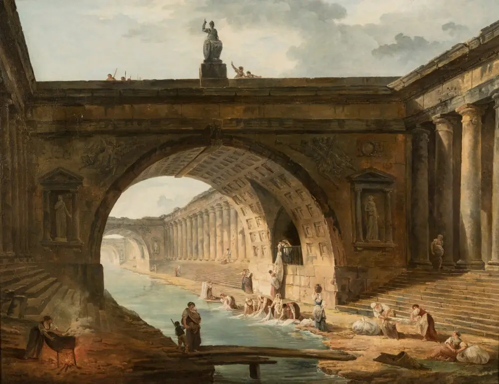Capriccio with Washerwomen at a Canal, by Hubert Robert
