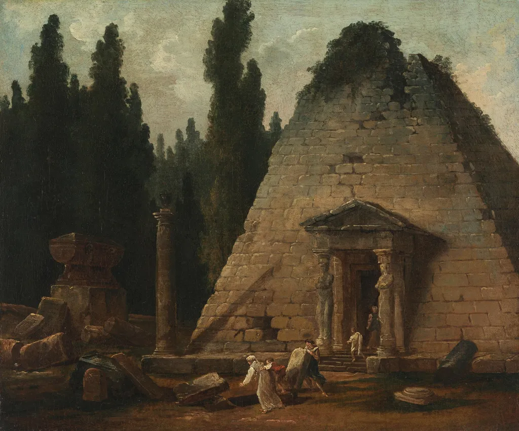 Die Pyramide im Park von Mauperthuis, by Hubert Robert, oil, 1790