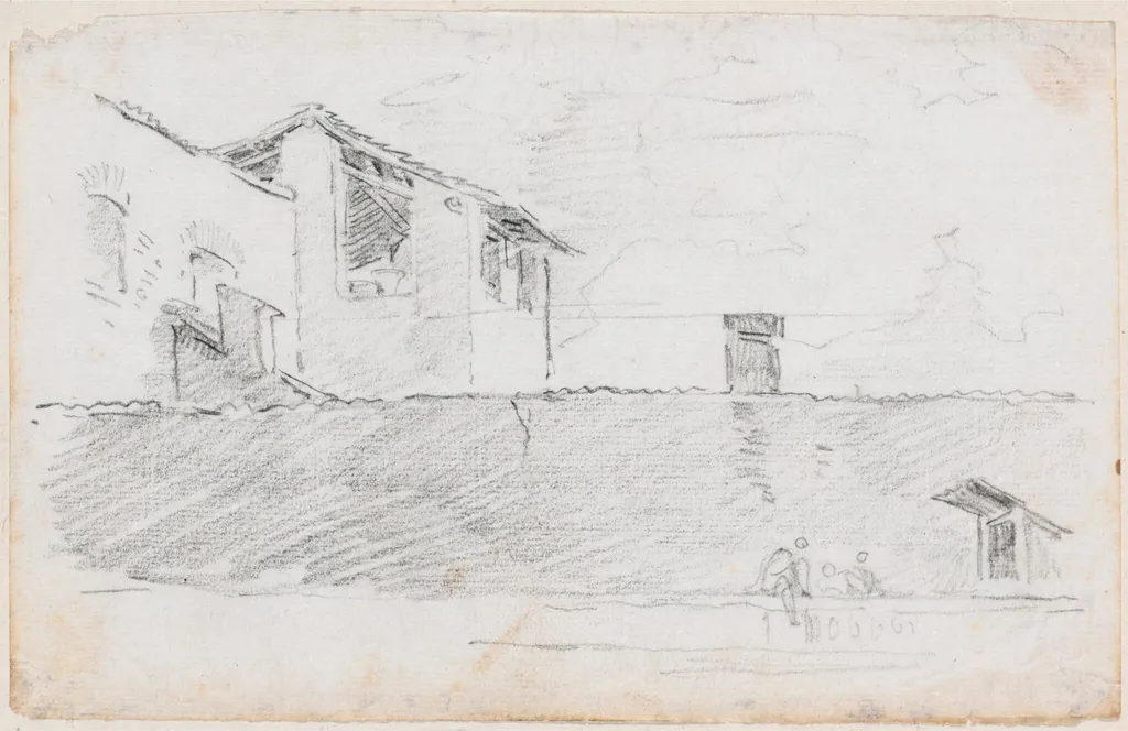 Housetops behind a Wall, by Hubert Robert, chalk, 1760