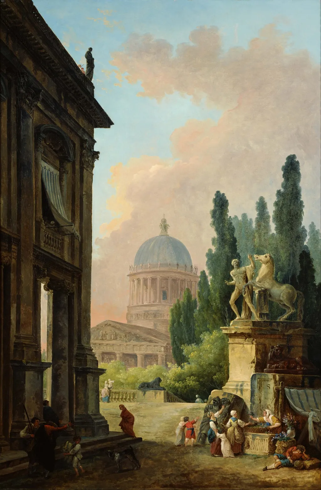 Imaginary View of Rome with the Horse Tamer of the Monte Cavallo and a Church, by Hubert Robert, oil, 1794