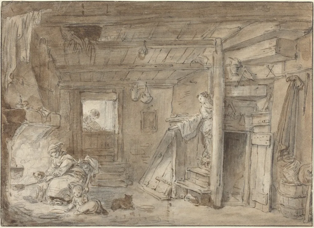 Interior of a Farmhouse with Figures, by Hubert Robert, ink, 1701