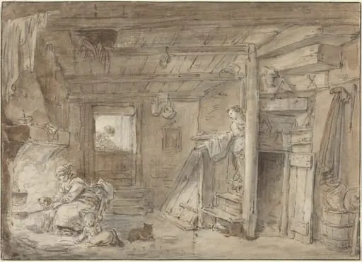 Interior of a Farmhouse with Figures, by Hubert Robert