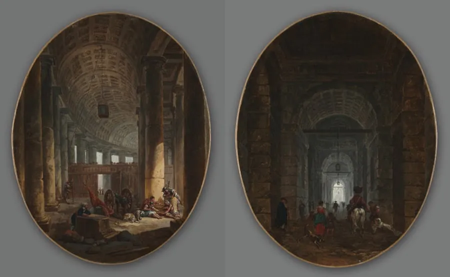 Pair of Paintings: The Colonnade of St. Peter's, Rome, during the Conclave and The Grotto of Posillipo, by Hubert Robert, unspecified, 1769