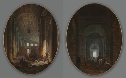 Pair of Paintings: The Colonnade of St. Peter's, Rome, during the Conclave and The Grotto of Posillipo, by Hubert Robert