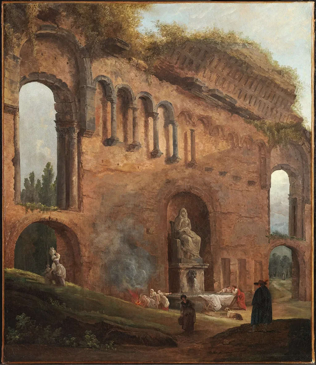 Roman Ruins with Laundresses, by Hubert Robert, oil, 1789