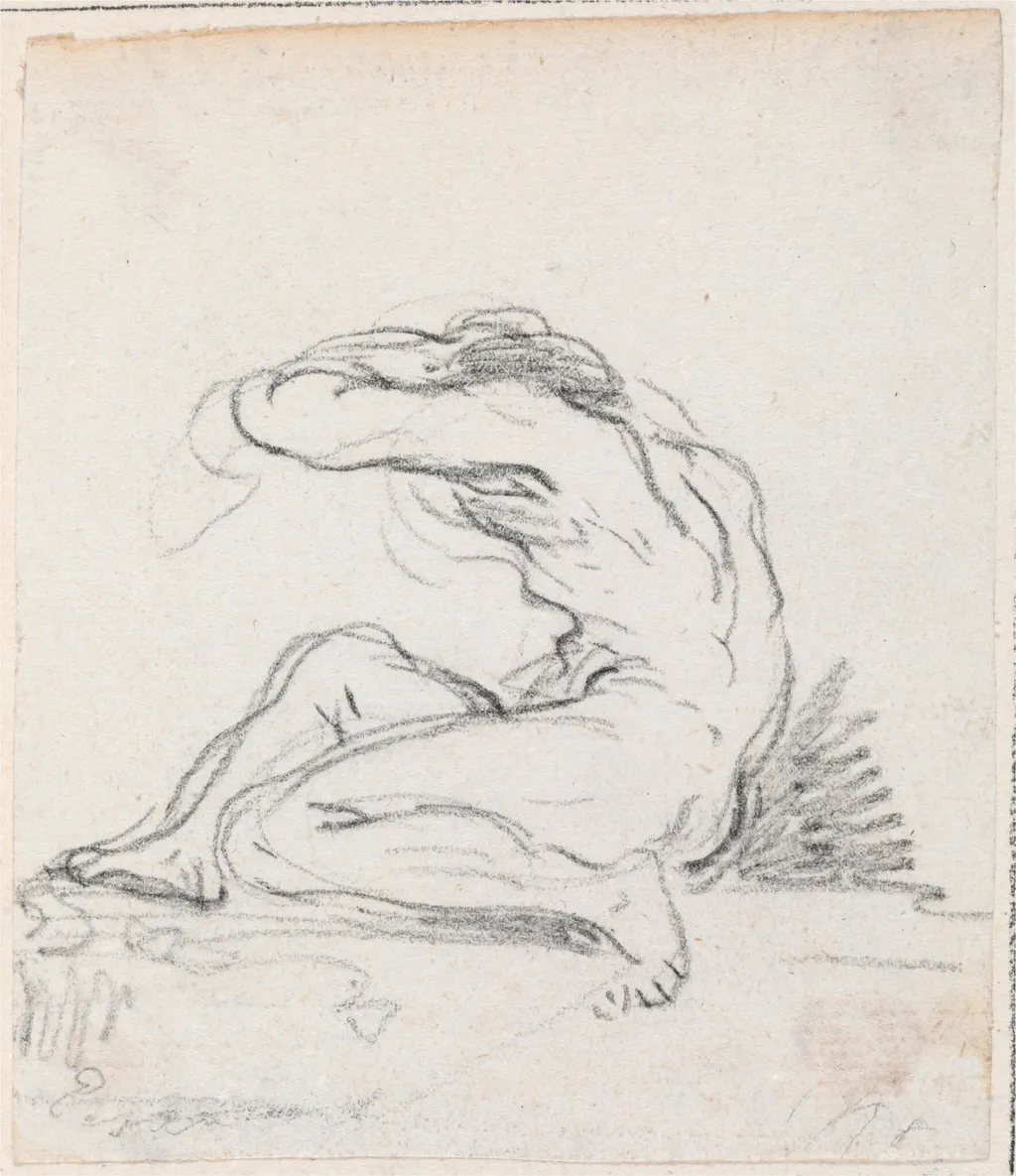 Seated Male Nude with Arm over Head, Seen from the Side, by Hubert Robert, chalk, 1760