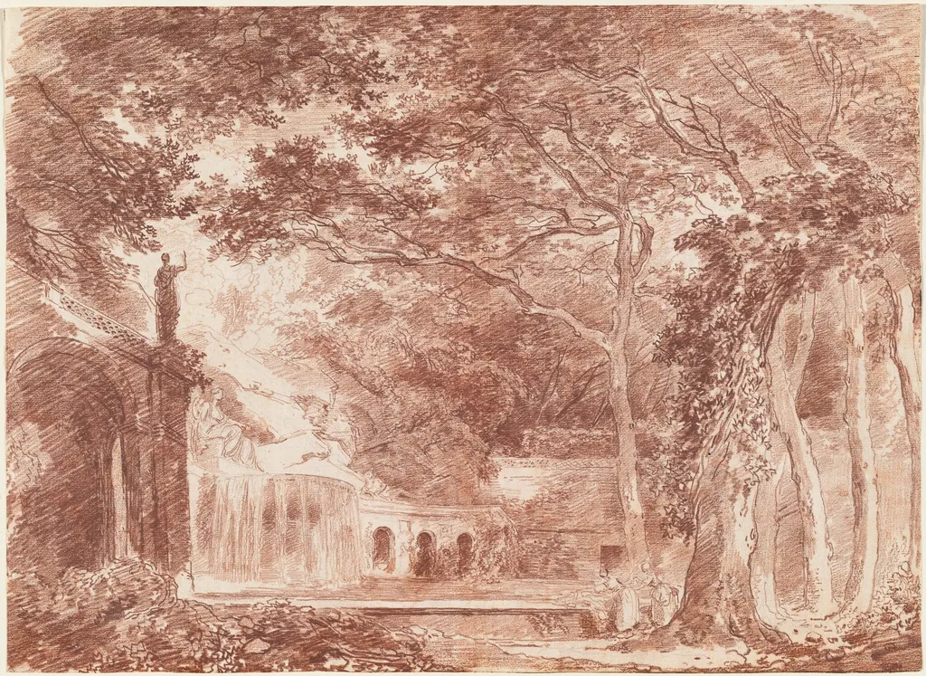 The Oval Fountain in the Gardens of the Villa d'Este, Tivoli, by Hubert Robert, graphite, 1760