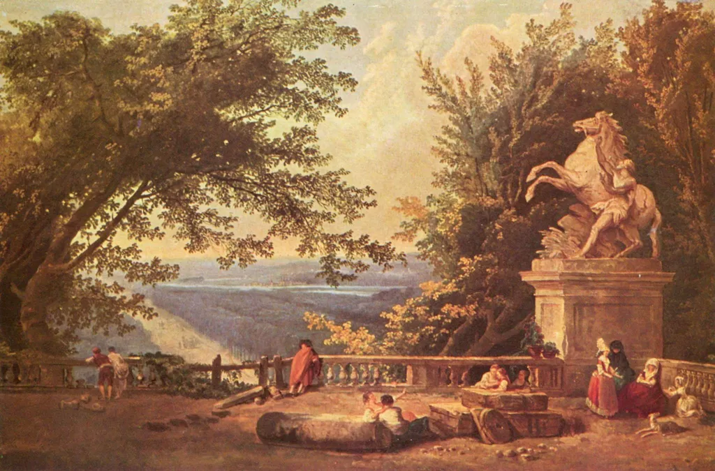 The Terrace of Marly, by Hubert Robert, oil, 1750