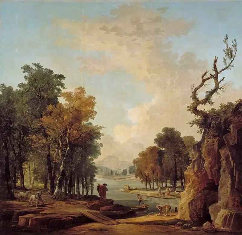 Wooded river landscape with a traveller, a barking dog, a horseman and women washing at an islet, by Hubert Robert