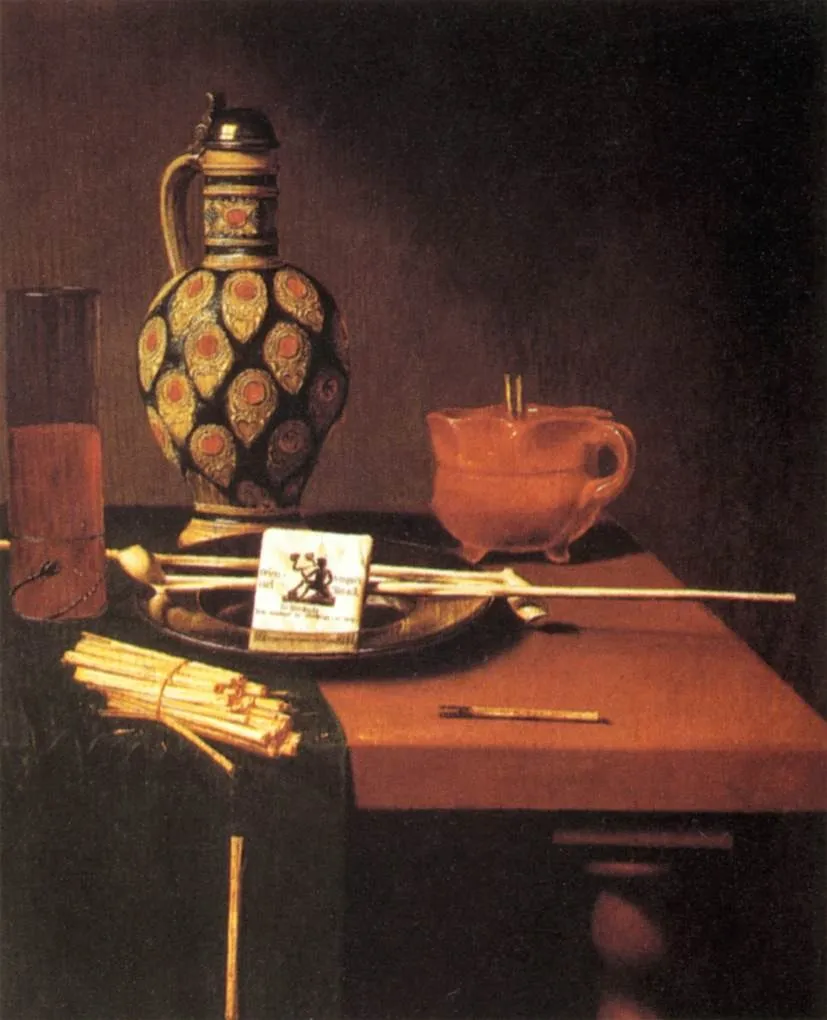 Still life with glass, flask, pipe and tobacco packet, by Hubert van Ravesteyn, oil, 1664