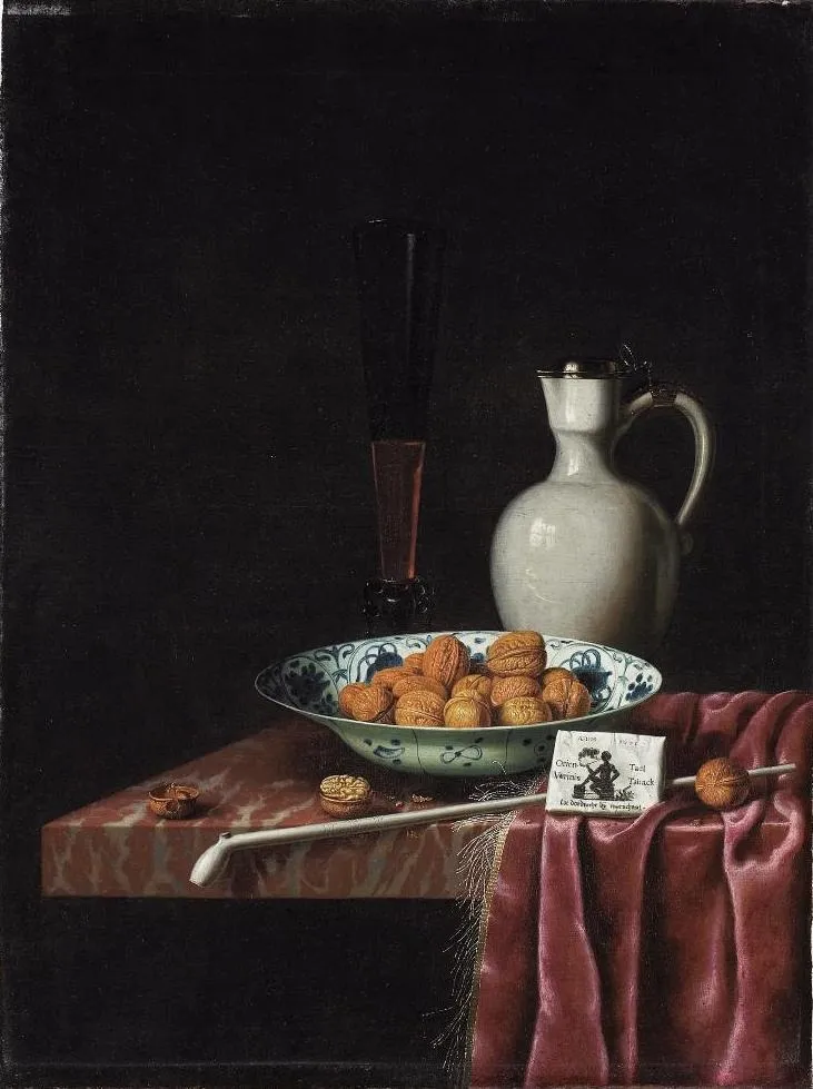 Still Life with Walnuts, Tobacco and Wine, by Hubert van Ravesteyn, oil, 1671