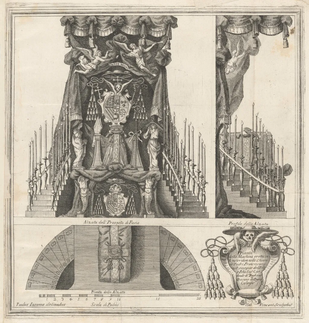 Plan, Elevation and Section of the Funeral Monument to the Cardinal of Bouillon, by Hubert Vincent, ink, 1715