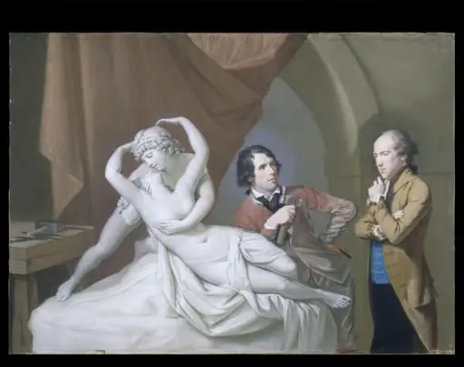 Antonio Canova in his studio with Henry Tresham and a plaster model for <i>Cupid and Psyche</i>, by Hugh Douglas Hamilton