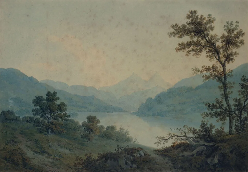 Lake or river scene in the Scottish Highlands, by Hugh William Williams, watercolor, 1802