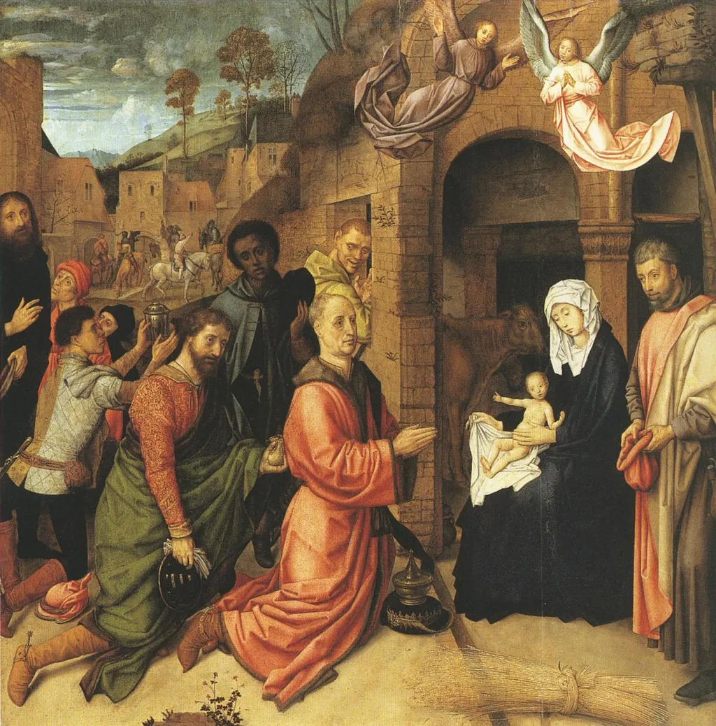 Adoration of the Magi before the stable on the hill, by Hugo Van der Goes, paint