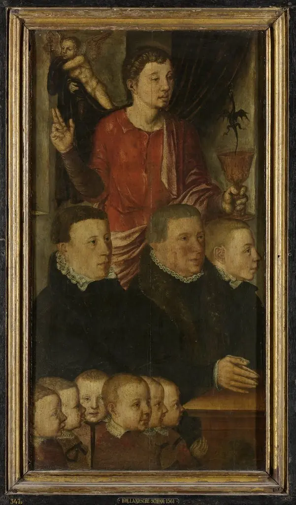 Left wing of a Memorial Triptych, formerly called the Gertz Memorial Triptych, with nine male Donor Portraits with Saint John the Evangelist (inner), and Saint Peter (outer), by Hugo Van der Goes