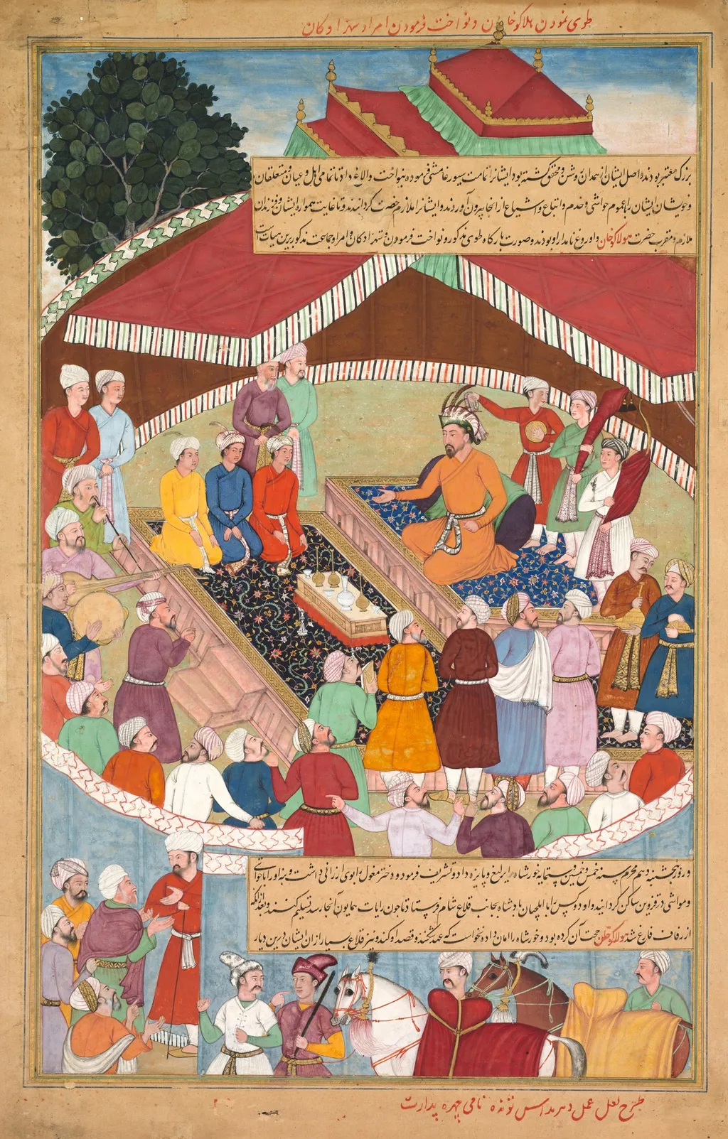 Hulagu Khan giving a feast and dispensing favor upon the amirs and princes, from a Chingiz-nama (Book of Chingiz Khan) of the Jami al-tavarikh (Compendium of Chronicles), unspecified, 1600