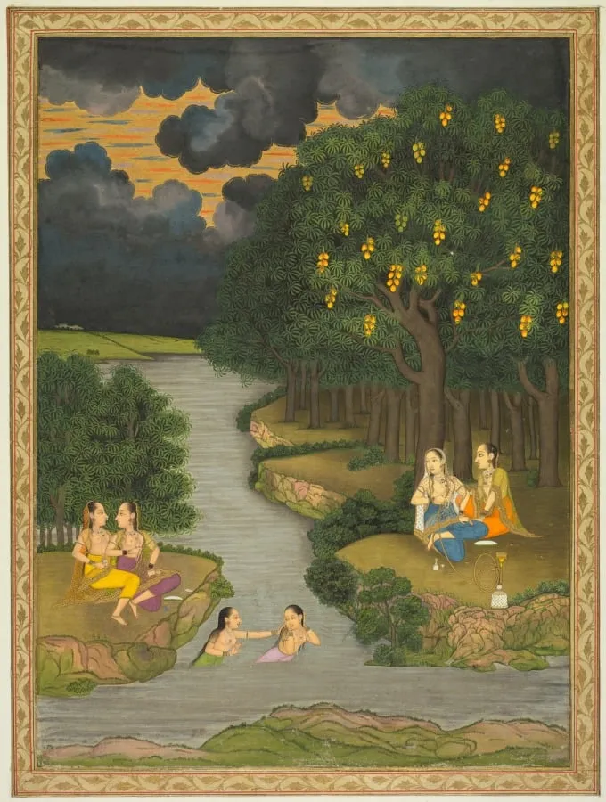 Women enjoying the river at the forest’s edge (recto) and flowering marigold (verso), by Hunhar II, unspecified, 1765
