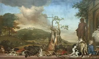 Hunting still life with a landscape and Bensberg Castle, by Jan Weenix